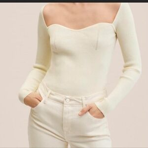 Mango Women’s Large Cream Shirt Ribbed Long Sleeve Square Sweetheart Neck Fitted